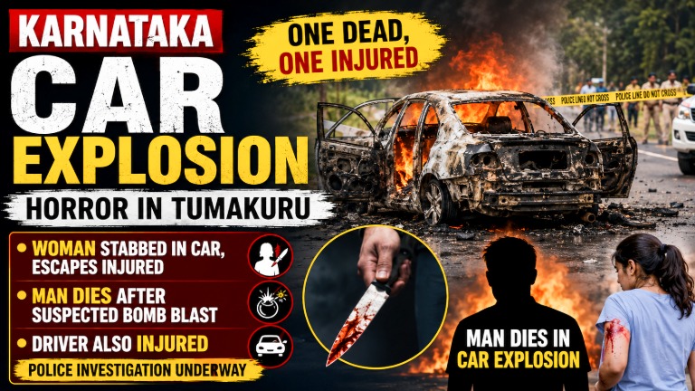 "Karnataka Tumakuru car explosion after alleged knife attack leaves one dead and woman injured"