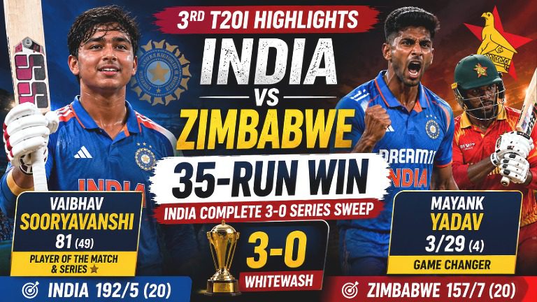 India vs Zimbabwe 3rd T20I Highlights: Vaibhav Sooryavanshi Leads India to Clinical 35-Run Victory